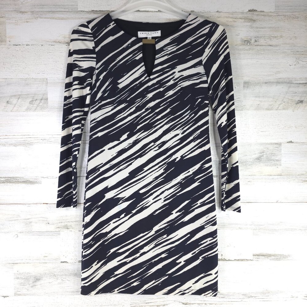 TRINA TURK WOMEN'S SIZE 0 BLACK OFF WHITE LONG SLEEVE SHIFT DRESS GOLDEN ACCENT.